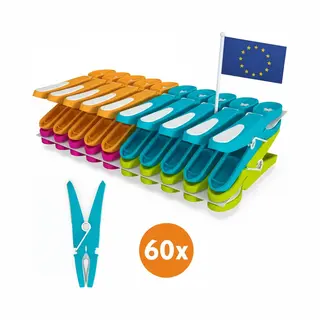LaundrySpecialist Wäscheklammern Soft Grip – Multicolor – 60 Stück – Extra Lang & Stabil – Kunststoff-Wäscheklammern – Bunte Klammern –