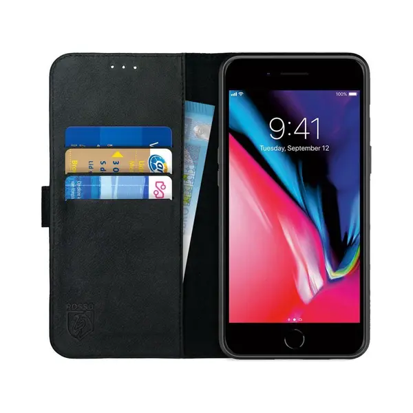 Rosso Deluxe Hoesje Geschikt Voor Apple IPhone 7/8 Plus Echt Leer Book Case Zwart thumbnail