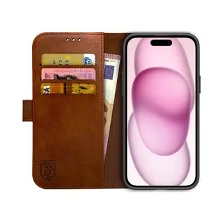 Rosso Element Book Case Wallet Hoesje Geschikt Voor Apple IPhone 15 Plus | Portemonnee | 3 Pasjes | Magneetsluiting | Stand Functie | Bruin
