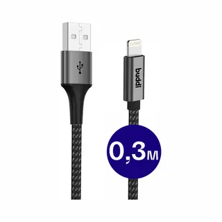 Buddi Flex | Usb-A Naar Lightning Kabel 12W Fast Charge | 480Mbps Dataoverdracht | Gevlochten Nylon | 0, 3M Zwart