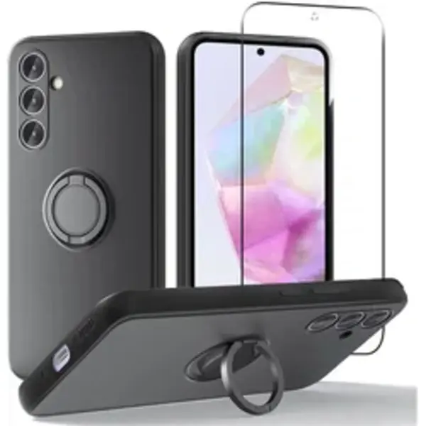 Zwart Hoesje Geschikt Voor Samsung Galaxy A35 + Screen Protector - Siliconen Back Cover - Magnetische Kickstand - 2.5D Arc Edge Tempered Glass thumbnail