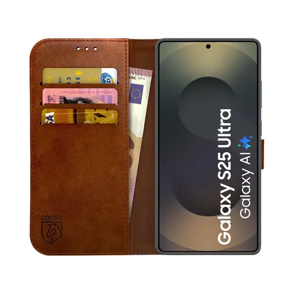 Rosso Element Geschikt Voor Samsung Galaxy S25 Ultra | Wallet Book Case | Portemonnee Hoesje | 3 Pasjes | Magneetsluiting | Stand Functie | Bruin thumbnail