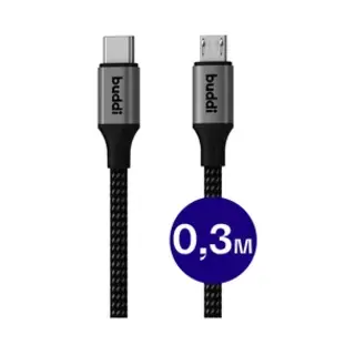 Buddi Flex | Usb-C Naar Micro-Usb Kabel 12W 5V/2.4A | 480Mbps Dataoverdracht | Gevlochten Nylon | 0, 3M | Zwart
