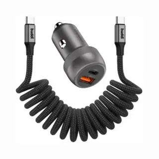 Buddi Power Usb - C Autolader & Usb - A + C Poort Met Usb-C Naar Usb-C Krulsnoer Kabel | Snelladen 89W | Compact Formaat | Telefoon Oplader Voor In De