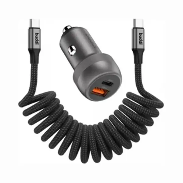 Buddi Power Usb - C Autolader & Usb - A + C Poort Met Usb-C Naar Usb-C Krulsnoer Kabel | Snelladen 89W | Compact Formaat | Telefoon Oplader Voor In De thumbnail