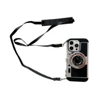 Retro Camera Hoesje Geschikt Voor Apple IPhone 15 Pro - Vintage Back Cover Met Telefoon Koord - Case Met Telefoonketting Zwart