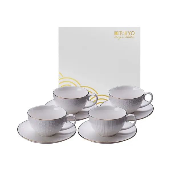 Tokyo Design Studio - Nippon White Gold Cup And Saucer Set 4pcs Star Lines Wave Stripe 180ml thumbnail