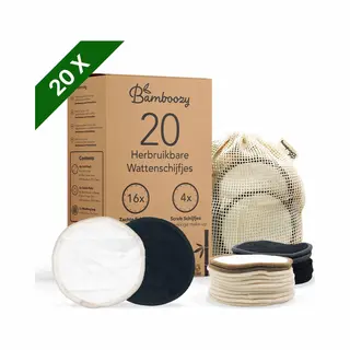 Bamboozy 20 Zwart + Wit Wasbare Wattenschijfjes 16x Dagelijks 4x Scrub Herbruikbare Wattenschijfjes Zero Waste Bamboe