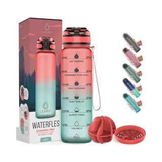Lekro Waterfles Motivatie - Drinkfles Met Tijdmarkeringen En Fruitfilter - 1 Liter - Roze/Blauw