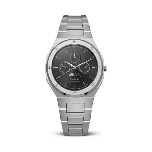 Valuchi Luxury Fashion Men's Lunar Calendar Waterproof Stainless Steel Italian Leather Moonphase Sapphire Glass Japanese Quartz Analog Casual Watch thumbnail