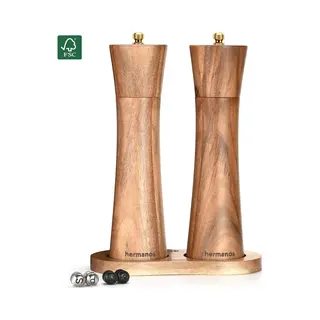 Peper En Zoutmolen Set Acaciahout Hermanos® - 22 Cm - Pepermolen - Zoutmolen - Handmatig - Verwisselbare Knoppen Zwart, Zilver En Goud - Instelbare
