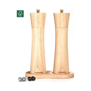 Peper En Zoutmolen Set Handmatig Blank Hout 22 Cm Hermanos® - Peper- & Zoutstel - Verwisselbare Knoppen Zwart, Zilver En Goud - Instelbare Maalgraad