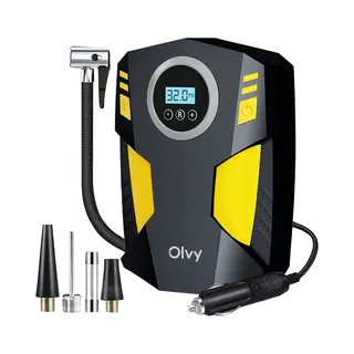 Olvy Luftkompressor Autoreifen 12V Netz, Elektrische Luftpump, Digitaler Anzeige, Led-Leuchte Mini-Kompressor Für Auto Fahrrad Bälle 4 Ventile