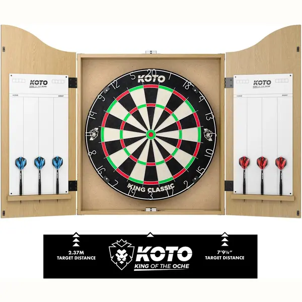 Koto darts Koto - Oak Dart Board Cabinet Set, Complete Darts Centre With Cabinet, Bristle Dartboard, 2 Sets Of Darts & Throw Line, Stylish Home Game Room Kit thumbnail