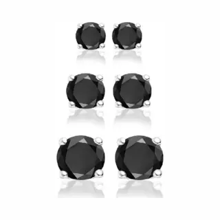 Silventi 929901016 Zilveren Oorbellen - Set Van 3 Paar Oorknopjes - 3 Verschillende Maten - Rond - Zirkonia - Zwart