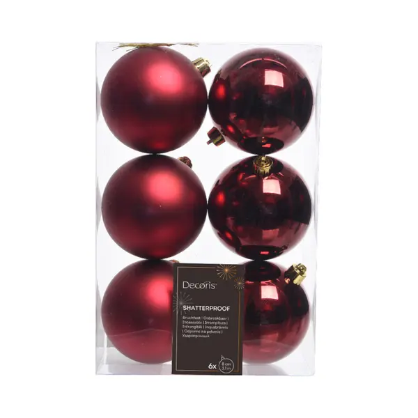 Decoris Kerstballen - 6x St - Donkerrood - 8 Cm - Kunststof - Mat/glans - Kerstversiering thumbnail