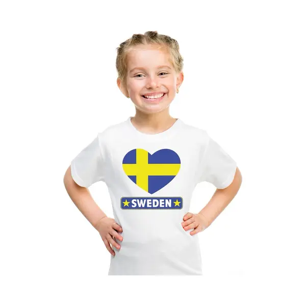 Bellatio Decorations Zweden Supporters T-shirt - Kinderen - Hartjes Vlag - Wit - Korte Mouwen - Sport - Kleding 110/116 thumbnail