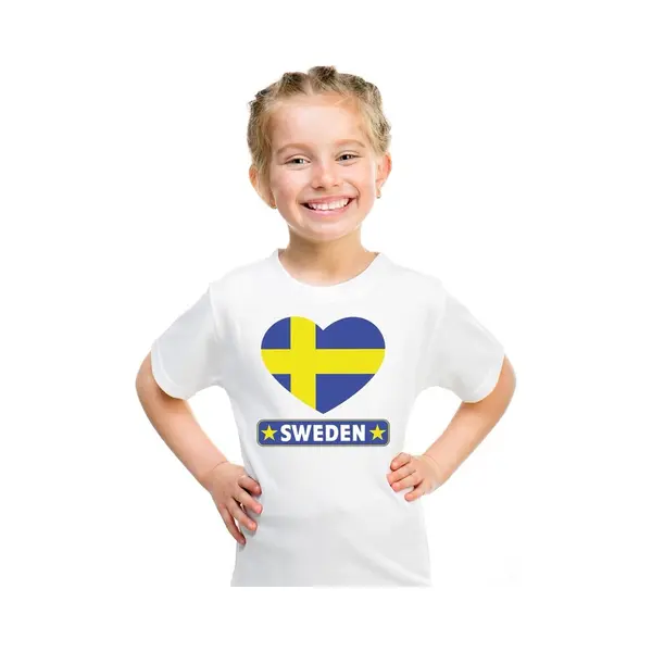Bellatio Decorations Zweden Supporters T-shirt - Kinderen - Hartjes Vlag - Wit - Korte Mouwen - Sport - Kleding 158/164 thumbnail