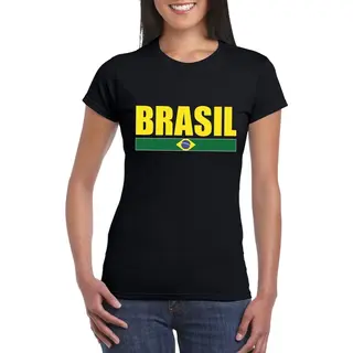 Bellatio Decorations Brazilie Supporters Kleding T-shirt - Voor Dames - Zwart - Met Vlag Kleuren Print - Korte Mouwen L