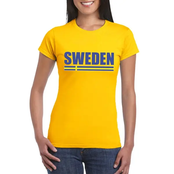 Bellatio Decorations Zweden Supporters Kleding T-shirt - Voor Dames - Geel - Met Vlag Kleuren Print - Korte Mouwen S thumbnail