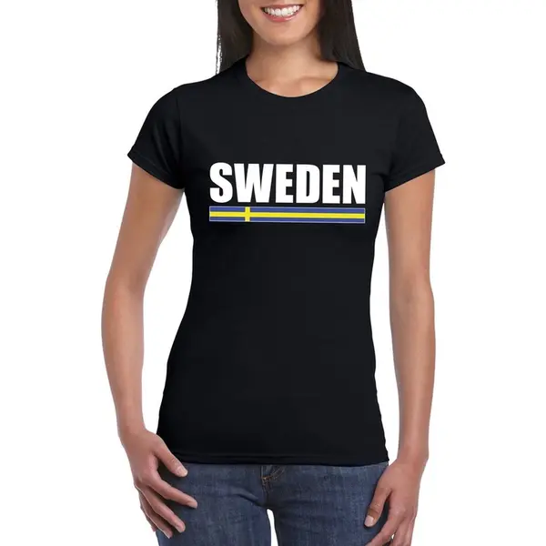 Bellatio Decorations Zweden Supporters Kleding T-shirt - Voor Dames - Zwart - Met Vlag Kleuren Print - Korte Mouwen L thumbnail