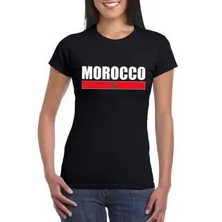 Bellatio Decorations Marokko Supporters Kleding T-shirt - Voor Dames - Zwart - Met Vlag Kleuren Print - Korte Mouwen L