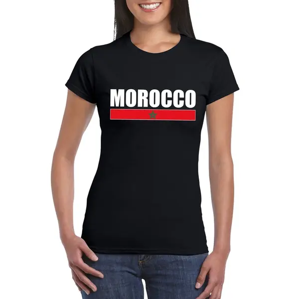 Bellatio Decorations Marokko Supporters Kleding T-shirt - Voor Dames - Zwart - Met Vlag Kleuren Print - Korte Mouwen L thumbnail