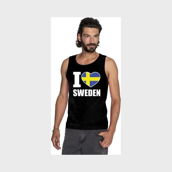 Bellatio Decorations Zwart I Love Zweden Supporter Singlet Shirt/ Tanktop Heren - Zweeds Shirt Heren M thumbnail