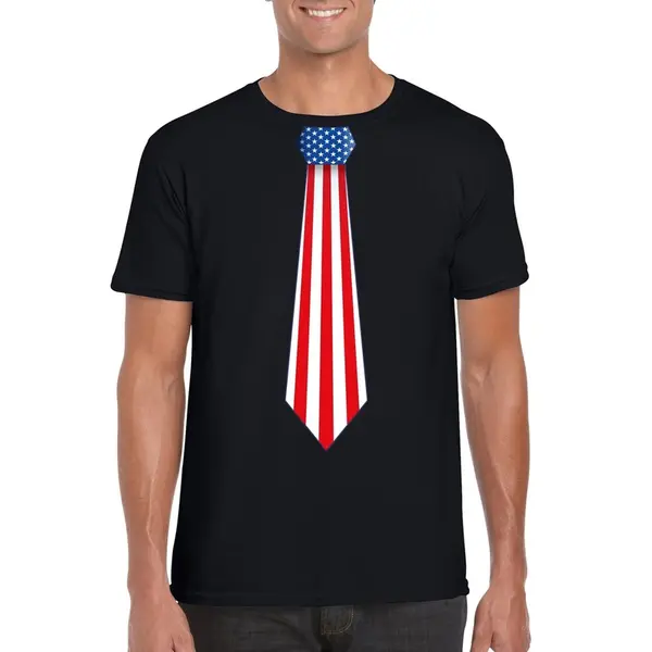 Bellatio Decorations Zwart T-shirt Met Amerikaanse Vlag Stropdas Heren - Amerika Usa Supporter S thumbnail