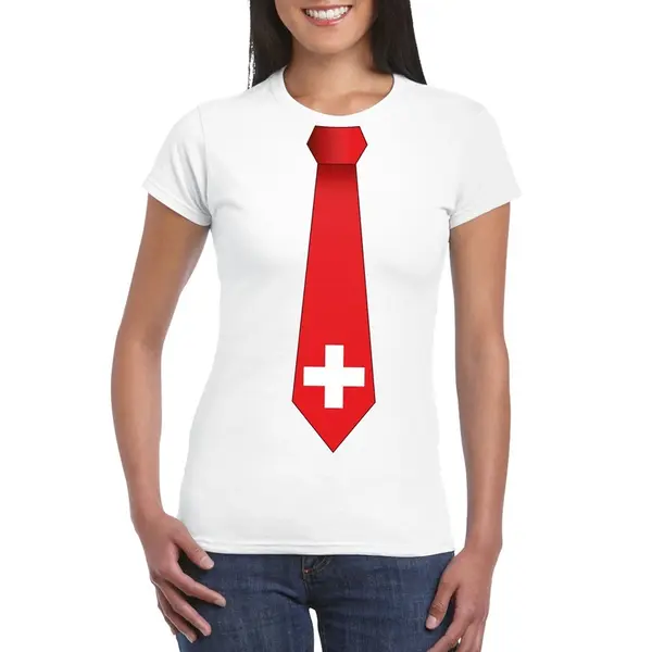 Bellatio Decorations Wit T-shirt Met Zwitserse Vlag Stropdas Dames - Zwitserland Supporter Xl thumbnail