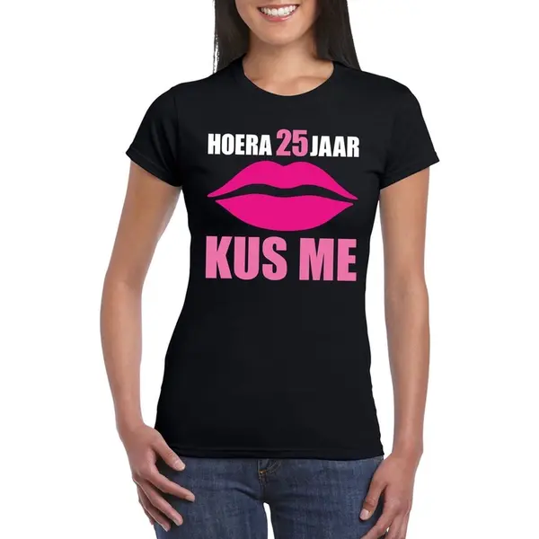 Bellatio Decorations Verjaardag T-shirt Zwart Dames - Hoera 25 Jaar Kus Me Xl thumbnail