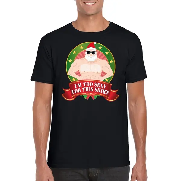 Bellatio Decorations Foute Kersttrui T-shirt - Zwart - Im Too Sexy For This Shirt - Heren - Kerst Kleding L thumbnail