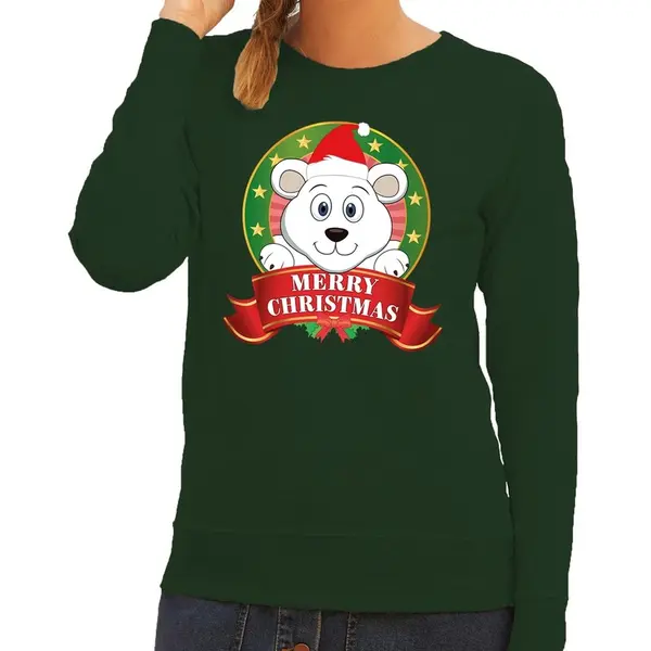 Bellatio Decorations Foute Kersttrui / Sweater Ijsbeer - Groen - Merry Christmas Voor Dames S thumbnail