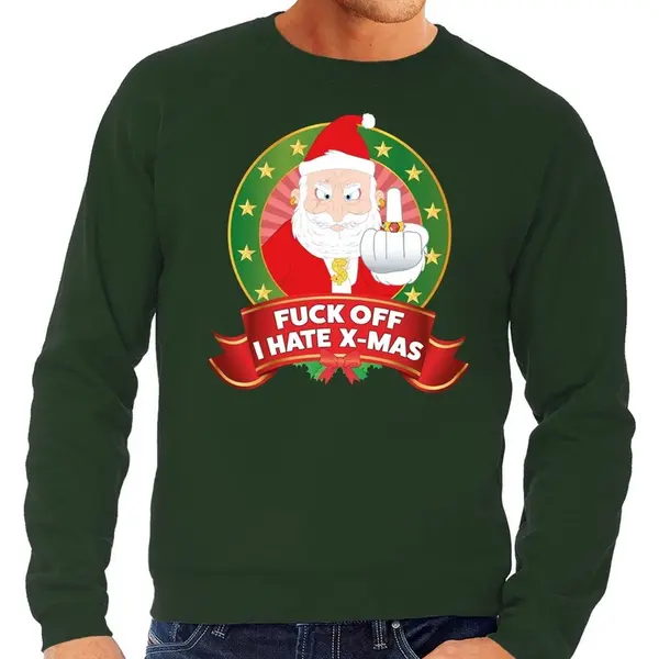 Bellatio Decorations Foute Kersttrui / Sweater - Groen - Kerstman Met Middelvinger Fuck Off I Hate X-mas Heren Xl thumbnail