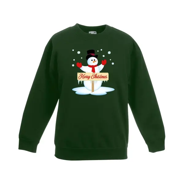 Bellatio Decorations Groene Kersttrui Met Sneeuwpop Voor Jongens En Meisjes - Kerstruien Kind 152/164 thumbnail