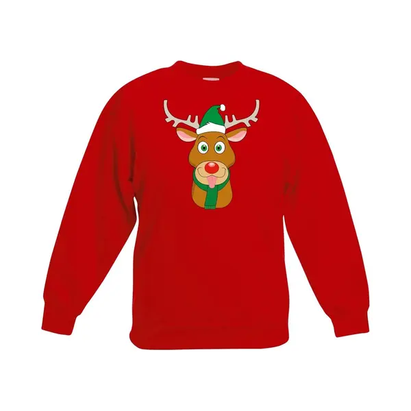 Bellatio Decorations Rode Kersttrui Rendier Rudolf Met Groene Kerstmuts Voor Jongens En Meisjes - Kerstruien Kind 122/128 thumbnail