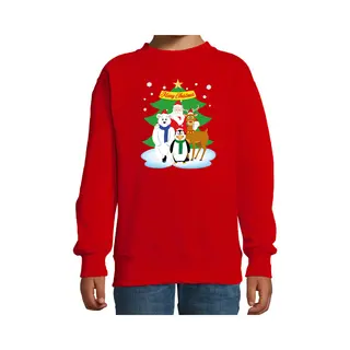Bellatio Decorations Kersttrui Sweater Voor Kinderen - Kerst Dieren Vriendjes - Rood - Lange Mouwen - Kleding - Kerstdiner 134/146