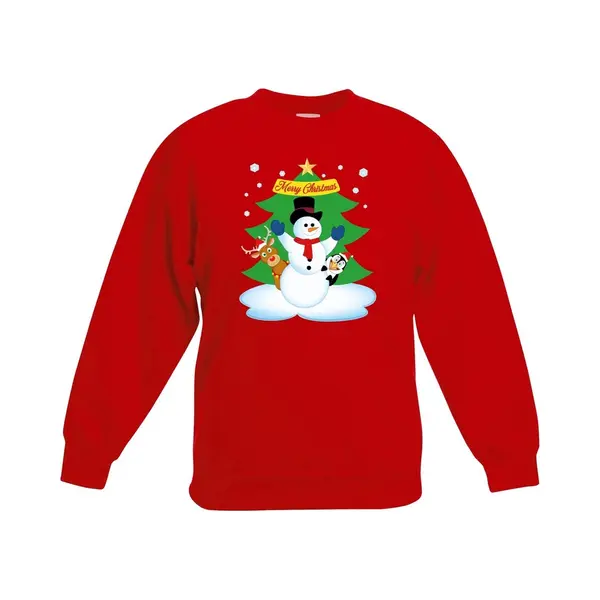 Bellatio Decorations Rode Kersttrui Met Een Sneeuwpop En Zijn Dieren Vriendjes Voor Jongens En Meisjes - Kerstruien Kind 170/176 thumbnail