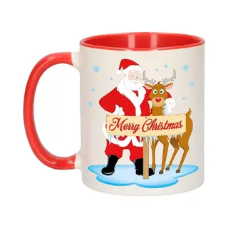 Bellatio Decorations Kerstmok Rudolph En Santa Beker - 300 Ml - Keramiek - Koffiebeker