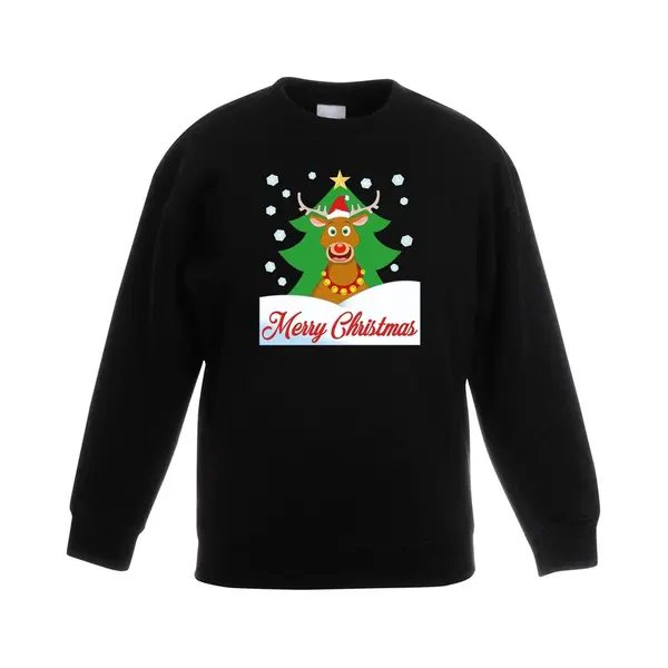 Bellatio Decorations Kersttrui Voor Kinderen - Rendier Rudolf Voor Kerstboom - Zwart - Lange Mouwen 110/116 thumbnail