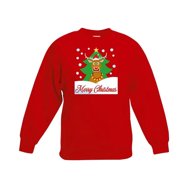 Bellatio Decorations Kersttrui Voor Kinderen - Rendier Rudolf Voor Kerstboom - Rood - Lange Mouwen 110/116 thumbnail