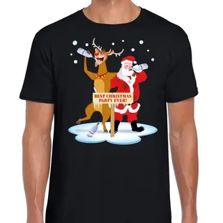Bellatio Decorations Foute Kerst Print T-shirt - Dronken Kerstman En Rendier Rudolf - Na Kerstborrel - Zwart - Voor Heren - Kerstkleding - Kersttrui L