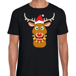 Bellatio Decorations Foute Kersttrui T-shirt - Rendier Rudolf - Rode Kerstmuts - Zwart - Voor Heren L