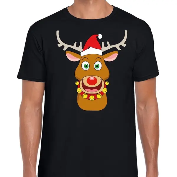 Bellatio Decorations Foute Kersttrui T-shirt - Rendier Rudolf - Rode Kerstmuts - Zwart - Voor Heren L thumbnail