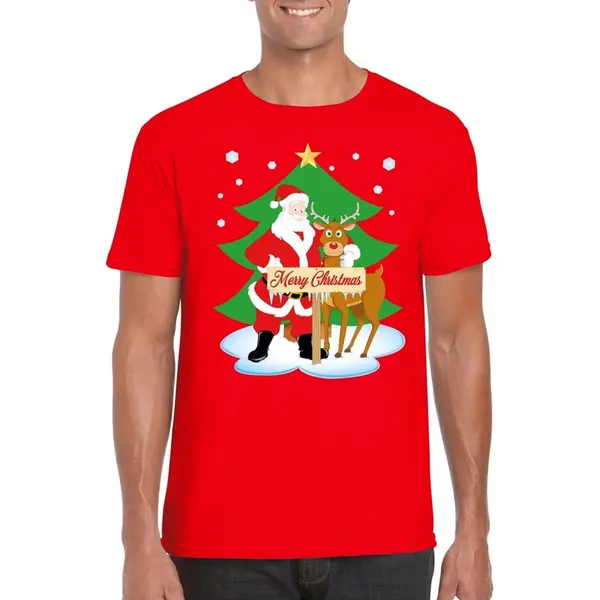 Bellatio Decorations Foute Kersttrui T-shirt - Kerstman En Rendier Rudolf - Rood - Voor Heren M thumbnail