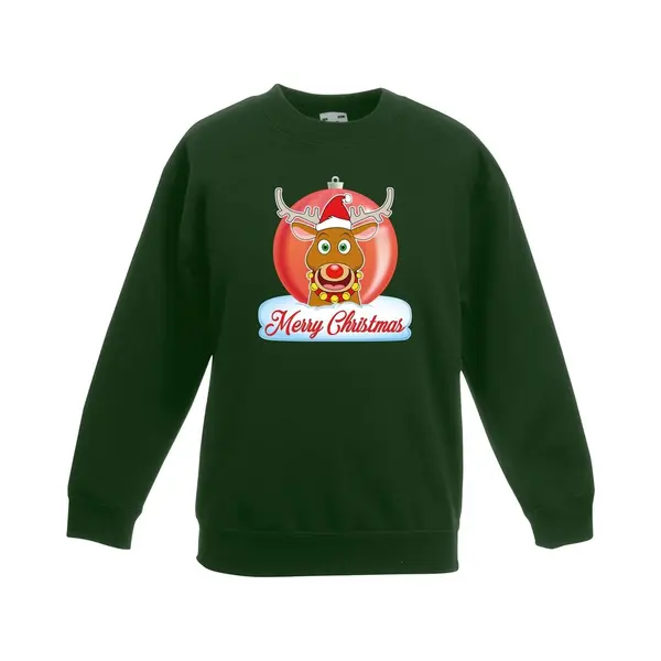 Bellatio Decorations Kersttrui Merry Christmas Rendier Kerstbal Groen Jongens En Meisjes - Kerstruien Kind 170/176 thumbnail
