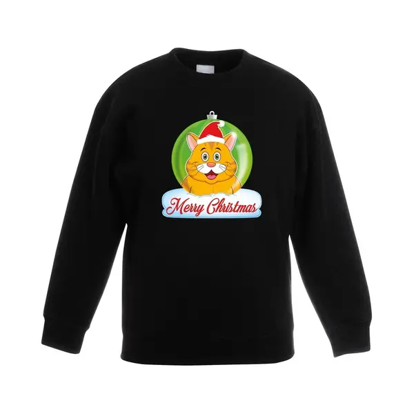 Bellatio Decorations Kersttrui Sweater Voor Kinderen - Zwart - Merry Christmas - Oranje Kat / Poes Kerstbal - Kerstdiner Kleding 98/104 thumbnail