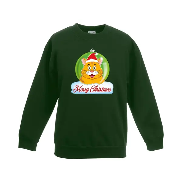 Bellatio Decorations Kersttrui Sweater Voor Kinderen - Groen - Merry Christmas - Oranje Kat / Poes Kerstbal - Kerstdiner Kleding 98/104 thumbnail