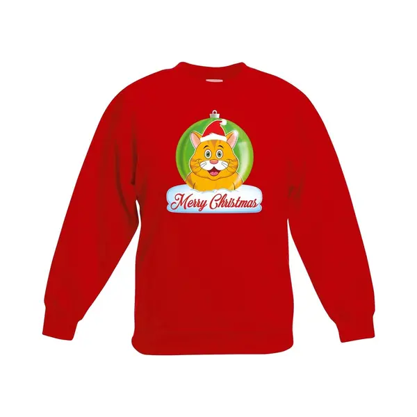 Bellatio Decorations Kersttrui Sweater Voor Kinderen - Rood - Merry Christmas - Oranje Kat / Poes Kerstbal - Kerstdiner Kleding 110/116 thumbnail