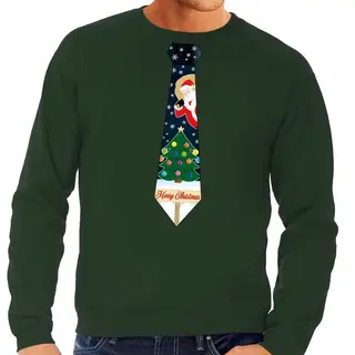 Bellatio Decorations Foute Kersttrui - Sweater - Met Stropdas In Kerst Print - Groen - Voor Heren S